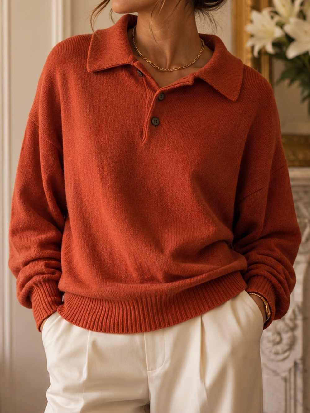 Women’s Precious Fibers Rose Polo-Collar Cashmere Silk Knit Sweater Luxury